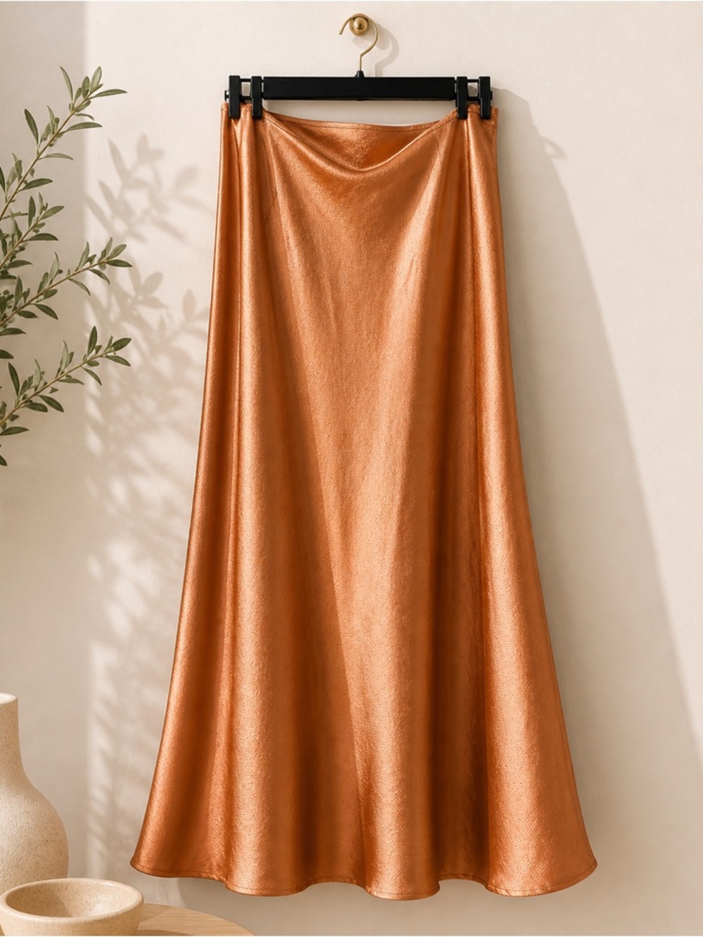 Satin Copper Midi Skirt | Silky Flowy Elegant Slip Skirt